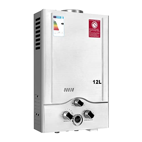 Calentador de Agua a Gas 12LPM,Calentador de Agua GLP de 24KW con la Presión de Agua Disponible Más Baja de 0,2 bar,Operado con Butano y Propano