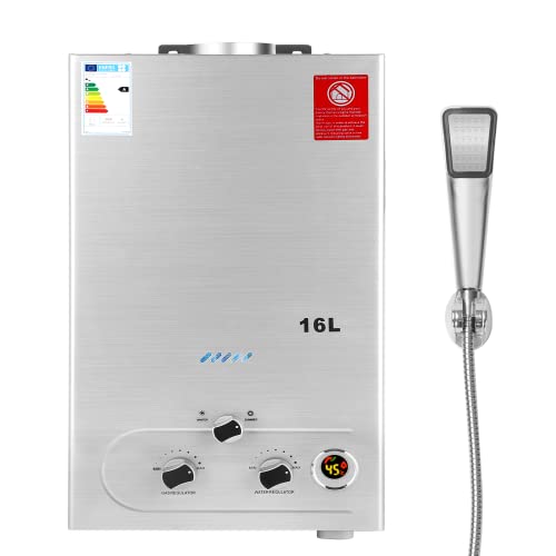 16LPM Calentador de Agua de Gas, BreeRainz 32KW Calentador de Agua de Gas GLP Propano Butano con Cabezal de Ducha,para el Hogar,Vehículos, Cabinas de Autocaravanas, Recreativos y Exteriores