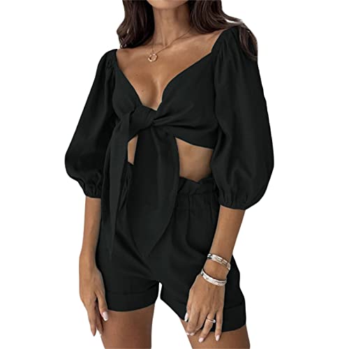 PDYLZWZY Conjunto sexy de 2 piezas para mujer – media manga de farolillo, camisa con atado frontal y pantalones cortos sueltos (negro, grande)
