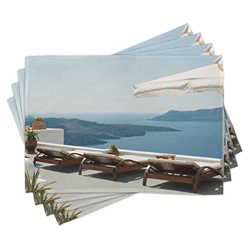 ABAKUHAUS Viaje Salvamantel Set de 4 Unidades, Vistas a la Caldera de Santorini, Material Lavable Estampado Decoración de Mesa Cocina, Azul Blanco y Verde