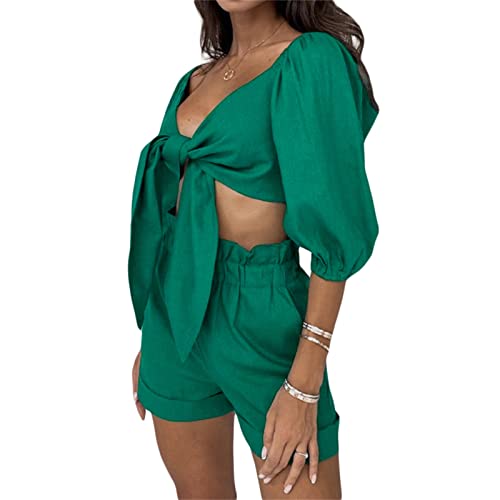 PDYLZWZY Conjunto sexy de 2 piezas para mujer, manga media farolillo, camiseta con atado frontal y pantalones cortos sueltos (verde, grande)