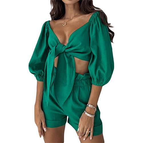 PDYLZWZY Conjunto sexy de 2 piezas para mujer, manga media farolillo, camiseta con atado frontal y pantalones cortos sueltos (verde, extragrande)