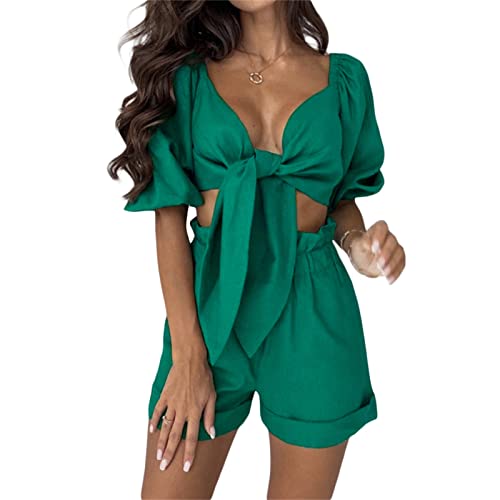 PDYLZWZY Conjunto sexy de 2 piezas para mujer, manga media farolillo, camiseta con atado frontal y pantalones cortos sueltos (verde, grande)