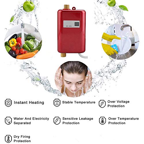 Mini calentador de agua sin tanque, 220V 3800W Mini calentador de agua caliente instantáneo sin tanque eléctrico Cocina de baño Calentador de agua de lavado Calentador de agua instantáneo(rojo)